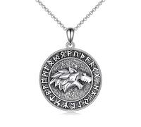 VONALA Viking Wolf Necklace 925 Sterling Silver Wolf Head Pendant Necklace Nordic Runic Talisman Norse Amulet Jewellery Birthday Gifts for Men Boyfriend Brother