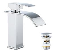 VONATES Bathroom Taps, 304 Stainless Steel Waterfall Tap with Ceramic Valve Cartridge, 60cm G1/2 Hoses, Easy to Install, Waterfall Faucet + Pop Up Waste with Liftable Basket