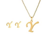 VONCYKI Fashion Stainless Steel Alphabet Initial Necklace 26 English Letter Earrings Necklace For Women Set Personalize Jewelry(Gold,Y)
