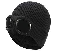 VONGLYHOO Knitted Beanie Hat Windproof Fleece Lining Glasses Winter Knit Caps with Detachable Goggles Knitted Beanie Hat Winter Thermal Skull Cap with Detachable Goggles Ear Protection Black