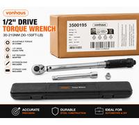 VonHaus Torque Wrench - with 3/8 Reducer and Extension Bar - Ratchet Wrench 1/2 Drive, 30-210Nm, 470mm Long Reach Handle with Carry Case for Car, Bike and General Repairs