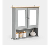 VonHaus Bathroom Mirror Cabinet - Grey Bathroom Wall Cabinet with Wood Effect Top - 2 Door Bathroom Cabinet with Mirror, 3 Internal Shelves