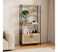 Vonhaus Bookcase, Book Shelf For Living Room, Rattan Effect Shelving Unit With Internal Storage & 3 Open Shelves, Lena