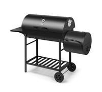 VonHaus Charcoal BBQ - Portable Barrel Barbecue with Offset Smoker, Temperature Gauge, Wheels, Large Cooking Grill, Air Vents - 2 in 1 Barbeque and Smoker - Grill Meat, Fish & Vegetables