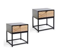 Vonhaus Chevron Bedside Tables Set Of 2, Black & Wood Effect Side Tables, 1 Drawer Side Tables For Living Room, Modern End Tables