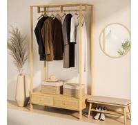 Vonhaus Clothes Rail For Bedroom, Scandi Style Natural Rattan 2 Drawer Organiser, Open Wardrobe Coat Stand, Living Room Storage
