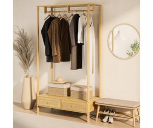 Vonhaus Clothes Rail For Bedroom, Scandi Style Natural Rattan 2 Drawer Organiser, Open Wardrobe Coat Stand, Living Room Storage