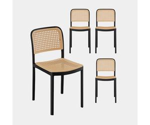 Vonhaus Dining Chairs Set of 4 - Black & Natural Rattan Effect Kitchen Chairs - Compact & Stackable Plastic Chairs - Modern Boho Style Chairs