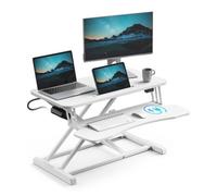 VonHaus Height Adjustable Two Tier Electric Desk Converter with Keyboard Shelf in White VonHaus White