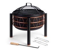 VonHaus Fire Pit - 2 in 1 Firepit with BBQ Cooking Grill for Outdoor, Garden, Patio - Black Steel with Copper Detail, Fire Poker & Mesh Cover Included - Use Wood or Charcoal to Fuel