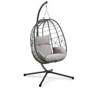 Vonhaus Hanging Egg Chair, Grey Rattan Effect Garden Swing with Stand