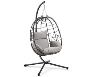 VonHaus Hanging Egg Chair - Grey Rattan Garden Swing with Stand - 1 Seater with Padded Cushions and Folding Frame - Foldable Swing for Patio, Balcony - Outdoor & Indoor