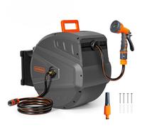 VonHaus Hose Reel - Wall Mounted Hose Reel for Garden, Retractable, Auto Lock and Auto Rewind, Includes Wall Fixings and 9 Function Spray Gun, 180° Pivot Swivelling, Long Reach, Outdoor Watering (40m)