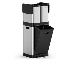 VonHaus Kitchen Triple Bin, 32L Vertical Recycling Bin, Stainless Steel Three Section Food Waste Separation System, 1 x 20L Main Compartment & 2 Removable 6L Counter Top Caddies, Narrow Trash Can