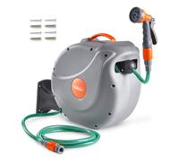 VonHaus Hose Reel 20m - Wall Mounted Hose Reel for Garden, Retractable, Auto Lock and Auto Rewind, Includes Wall Fixings and 8 Function Spray Gun, 180° Pivot Swivelling, Long Reach, Outdoor Watering