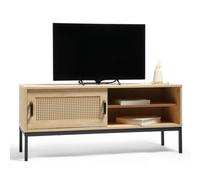 Vonhaus Rattan Tv Unit - Light Wood Effect Tv Cabinet - Entertainment Unit W/storage Cupboard & 2 Open Shelves For Tv's Up To 55"