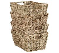 VonHaus Seagrass Storage Baskets, Set of 4 Hand-Woven Display Hampers - Bathroom Storage Baskets for Shelves - Nesting Natural Woven Seagrass Organiser w/Handles for Bedroom & Home Office