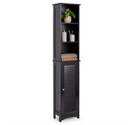Vonhaus Tall Bathroom Cabinet, Black Bathroom Tallboy, Adjustable Shelves, Tall Bathroom Storage, 3 Internal & 3 Open Shelves