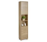 Vonhaus Tall Bathroom Cabinet, Oak Wood Effect Bathroom Tallboy Unit, Slatted Bathroom Storage For Kitchen And Hallway, Chester