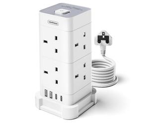 Vonhaus Tower Extension Lead, 8 Plug Surge Protected Extension Socket With 2M Cable, 2 Usb-C Ports & Faster Charging