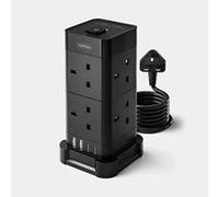 VonHaus Tower Extension Lead with USB, Power Surge Protection 2M Cable Black, 8 x UK Mains Sockets