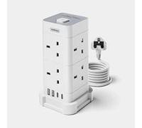 VonHaus Tower Extension Lead with USB, Power Surge Protection 2M Cable White, 8 x UK Mains Sockets