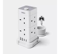VonHaus Tower Extension Lead with USB Power Surge Protection 2M Cable White 8 x UK Mains Sockets Three-Pin 13A Plugs Arranged Vertically With 2 Sockets On Each Of The 4 Sides