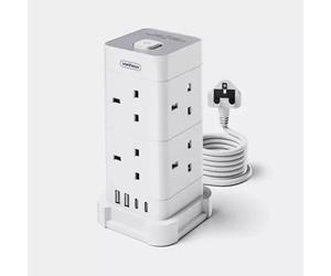 VonHaus Tower Extension Lead with USB Power Surge Protection 2M Cable White 8 x UK Mains Sockets Three-Pin 13A Plugs Arranged Vertically With 2 Sockets On Each Of The 4 Sides