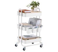 Vonhaus White Storage Trolley, 3 Tier Bathroom Storage With 4 Wheels, Kitchen Trolley With Steel Frame & Solid Bamboo Lid