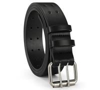 VONMELLI Mens Leather Double Prong Belt Casual Work Belts for Men Heavy Duty Dual Holes for Jeans Pant Black Suit for Waist Size Below 38"