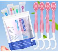 Vonmerie 10Pcs Disposable Mini Toothbrushes with Toothpaste, 5 in 1 (Pre-Tied | Floss | Tongue Scraper | Fresh Breath | Toothpick) Mini Toothbrush, Pre-Pate Toothbrush for, Pearl Peach Flavour