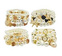 VONRU Pearl Charm Bracelet Set - 4 Sets Stackable Bracelets for Women, Multi Layer Beaded Statement Stretch Lovely Charm Bangles Tree of Life, Starfish, stretch, imitate pearl, imitate pearl
