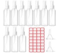vonsera 10pcs 100ml Clear Travel Spray Bottles, Plastic Transparent Mist Spray Atomiser Empty Liquid Containers Refillable with 2 Funnels and 1 Sheet Label for Perfume Cosmetic and Liquids