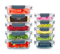 VonShef Glass Containers with Lids - 10 Piece Meal Prep Food Lunch Boxes 1L and 370ml Capacities, Oven and Dishwasher Safe, Airtight Leakproof Seal Great for Batch Cooking