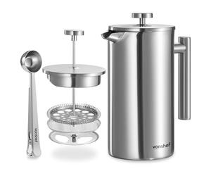 VonShef 12 Cup Cafetiere, 1.5L Double Walled Stainless Steel French Press with 2-in-1 Measuring Spoon Bag Sealing Clip, Durable Filter Coffee Maker