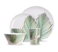 16Pc Dishwasher Safe Leaf Print Melamine Dinnerware Set VonShef White 16 Pack