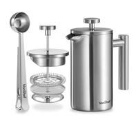 VonShef 3 Cup Cafetiere, Stainless Steel 350ml Double Walled French Press with Measuring Spoon/Bag Seal, Dishwasher Safe Filter Coffee Maker with Plunger