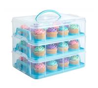 VonShef 3 Tier Cupcake Carrier with Handle, Blue Stackable Cupcake Box | 36 Muffin Cake Carrier with Airtight Snap Lid, BPA-Free Clear Plastic Lightweight Baked Goods Container
