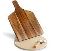 VonShef 3Pc Pizza Stone Set with 30cm (12") Round Ceramic Baking Stone for Oven, Acacia Wood Paddle / Peel, Serving Board with Carry Handle & Metal Cutter for Shop Bought & Homemade Bread & Calzone