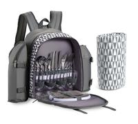 VonShef Picnic Backpack, 4 Person Grey Picnic Bag with Full Dining & Cutlery Set, Insulated Cooler Compartment & Large Waterproof Picnic Blanket, Lightweight Water Resistant Camping Accessories