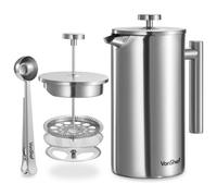 Vonshef Cafetiere Stainless Steel, 12 Cup/1.5L Double Walled Satin Brushed Coffee Filter W/ Measuring Spoon & Bag Sealing Clip