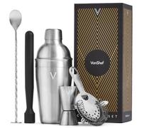 Vonshef Cocktail Shaker Set Silver, 550Ml Manhattan Shaker, 5Pc Bartender Kit For Home Bar - Strainer, Muddler, Jigger & Gift Box
