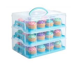 VonShef Cupcake Carrier with Handle, Blue Three Tier Stackable Cup Cake Box, 36 Muffin Cake Carrier with Airtight Snap Lid, Clear Plastic Baked Goods Container