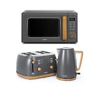 VonShef Microwave Kettle Toaster Set - Scandi Kitchen Set, 1.7L Rapid Boil Kettle, Wide Slot Toaster 4 Slice, and 23L Digital Microwave with 11 Power Levels & 10 Reheat Settings - Fika Range, Grey