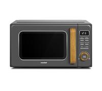 Vonshef Digital Microwave 23L - Compact Solo Microwave 900W, 11 Power Levels, 7 Auto Cook Menus & Defrost, 95-Minute Timer, Retro Grey & Wood Effect, Turntable System, Rotator Ring, Clock - Fika Range