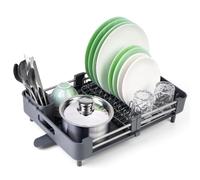 VonShef Dish Drainer Rack, Extendable Draining Board with Utensil Holder | Stainless Steel Sink Drainer Rack with Non-Slip Feet & Automatic Drainage, Large Capacity Drying Rack for Kitchen