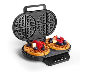 VonShef Double Waffle Maker - Round Belgian Waffle Machine with Non-Stick Plates, Auto Temperature Control, Cool Touch Handle, Chaffles Maker Serves Savoury Snacks & Desserts - 1200W, Silver