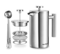 VonShef 12 Cup Cafetiere, 1.5L Double Walled Stainless Steel French Press with 2-in-1 Measuring Spoon Bag Sealing Clip, Durable Filter Coffee Maker