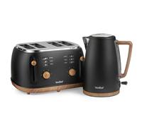VonShef Kettle and Toaster Set - Scandi 1.7L Rapid Boil Kettle 3000W & 4 Slice Wide Slot Toaster 1500W with 6 Browning Controls & High Lift - Nordic Black and Wood Accents - Fika Range
