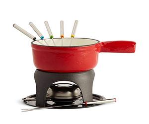 VonShef Fondue Set, Red Enamel Cast Iron Pan for Swiss-Style Cheese or Chocolate Fondue, Includes 6 Colour Coded Forks & Adjustable Burner